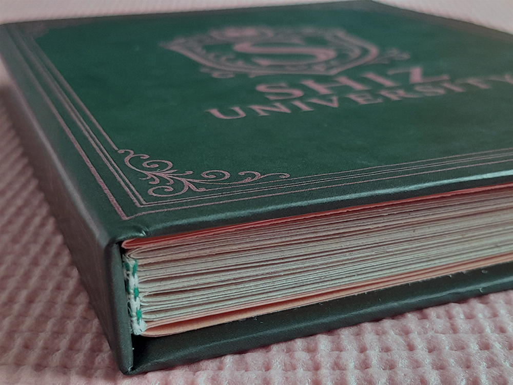 Cadernos WICKED Vista lateral do caderno fechado, mostrando a lombada reforçada, cabeceado verde e as páginas internas levemente amareladas, com o título “Shiz University” parcialmente visível na capa.